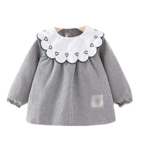 Black Grid Baby Eating Smock Long Sleeve Inner Waterproof Baby Bibs Girls Painting Smock Apron