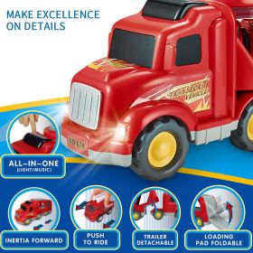 Fire Truck Car Toys Set;  Friction Powered Car Carrier Trailer with Sound and Light;  Play Vehicle Set for Kids Toddlers Boys Child Gift Age 3 4 5 6 7