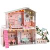 Stylish Dollhouse with Garden, Great Gift for Birthday, Christmas, for 3+Kids, Green&Pink