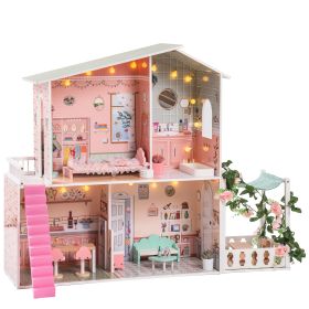 Stylish Dollhouse with Garden, Great Gift for Birthday, Christmas, for 3+Kids, Green&Pink