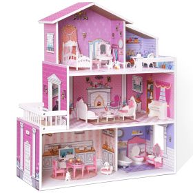 Wooden Dollhouse for Kids with 24pcs Furniture Preschool Dollhouse House Toy