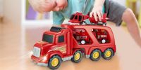 Fire Truck Car Toys Set;  Friction Powered Car Carrier Trailer with Sound and Light;  Play Vehicle Set for Kids Toddlers Boys Child Gift Age 3 4 5 6 7