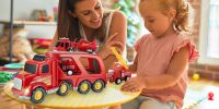 Fire Truck Car Toys Set;  Friction Powered Car Carrier Trailer with Sound and Light;  Play Vehicle Set for Kids Toddlers Boys Child Gift Age 3 4 5 6 7