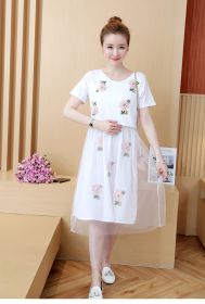 Summer Korean Fashion Mid-Length Short-Sleeved Fake Two-Piece Breastfeeding Plus Size Dress (Option: White-M)