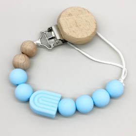 Infant Solid Color Rainbow Baby Pacifier Clip Beech Beads Silicone Bite Molar Drop-Preventing Chain (Color: Blue)