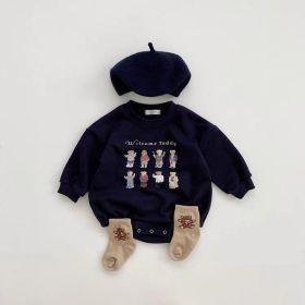 Baby's New Cotton Sweater Long Sleeve Cartoon Letter Casual Romper (Option: Dark Blue-90cm)