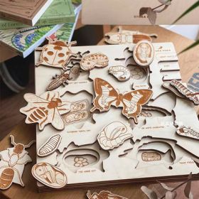 Montessori Puzzle Children's Educational Human Anatomy Science Animal Planet 3 To 6 Years Old Wooden Multi-layer Puzzle Toy (Color: Insects)