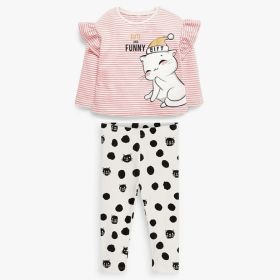 Baby Girl Cartoon Cat & Striped Graphic Long Sleeves Shirt Combo Pants Sets (Color: Pink, Size/Age: 110 (3-5Y))