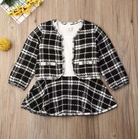 Baby Girl Contrast Design Long Sleeved Dress Combo Plaid Pattern Coat Chanel's Sets (Color: Black, Size/Age: 90 (12-24M))