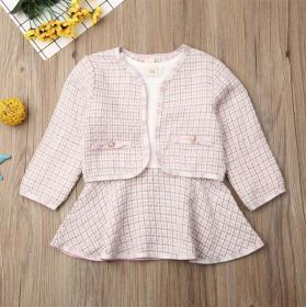 Baby Girl Contrast Design Long Sleeved Dress Combo Plaid Pattern Coat Chanel's Sets (Color: Pink, Size/Age: 100 (2-3Y))