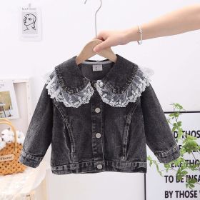 Baby Girl Lace Mesh Patches Doll Neck Button Front Design Sweet Style Denim Coat (Color: Black, Size/Age: 100 (2-3Y))