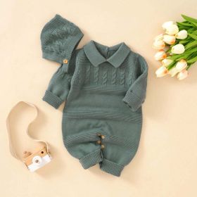 Baby Solid Color Crochet Knit Design Lapel Knit Jumpsuit (Color: Green, Size/Age: 59 (0-3M))