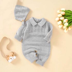 Baby Solid Color Crochet Knit Design Lapel Knit Jumpsuit (Color: Grey, Size/Age: 73 (6-9M))