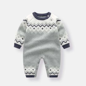 Baby Geometric Pattern Shoulder Button Design Knit Warm Romper (Color: Grey, Size/Age: 73 (6-9M))