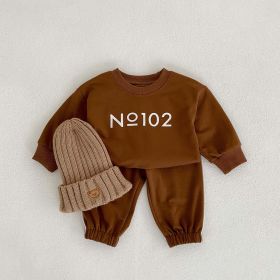 Baby Letter Graphic Pullover Hoodies With Pants Spring Sets (Color: Brown, Size/Age: 90 (12-24M))