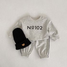 Baby Letter Graphic Pullover Hoodies With Pants Spring Sets (Color: Grey, Size/Age: 90 (12-24M))