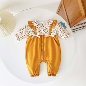 Baby Girl Ditsy Flower Pattern False 2 Pieces Design Thickened Thermal Jumpsuit (Color: Yellow, Size/Age: 80 (9-12M))