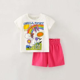 Baby Girl Cartoon Print Pattern Crewneck Tee Combo Shorts Sets (Color: Pink, Size/Age: 90 (12-24M))