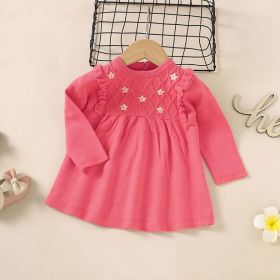 Baby Girl Flower Patched Pattern Solid Color Knitted Dress (Color: Pink, Size/Age: 73 (6-9M))