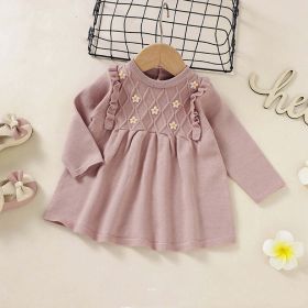 Baby Girl Flower Patched Pattern Solid Color Knitted Dress (Color: Light Pink, Size/Age: 90 (12-24M))