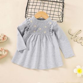 Baby Girl Flower Patched Pattern Solid Color Knitted Dress (Color: Grey, Size/Age: 80 (9-12M))