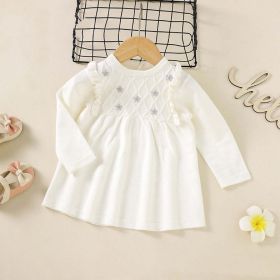 Baby Girl Flower Patched Pattern Solid Color Knitted Dress (Color: White, Size/Age: 80 (9-12M))