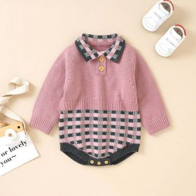 Baby Plaid Pattern Polo Neck Knit Triangle Bodysuit (Color: Pink, Size/Age: 73 (6-9M))