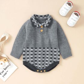 Baby Plaid Pattern Polo Neck Knit Triangle Bodysuit (Color: Grey, Size/Age: 73 (6-9M))