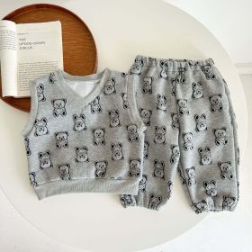 Baby Bear Embroidered Pattern Vest Combo Trousers Sets (Color: Grey, Size/Age: 73 (6-9M))