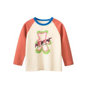 Baby Girl Bear Print Pattern Color Matching Design Cute Shirt (Color: Apricot, Size/Age: 140 (8-10Y))