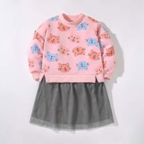 Baby Girl Print Pattern Mesh Patched Overlay Design Long Sleeve Loose Hoodies Dress (Color: Pink, Size/Age: 110 (3-5Y))