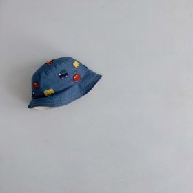 Baby Cartoon Embroidered Pattern Solid Color Sunshade Bucket Hats (Color: Blue, Size/Age: Average Size (6M-2Y))