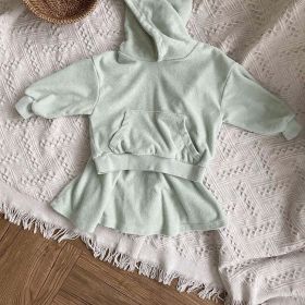 Baby Girl Solid Color Soft Cotton Hoodie With Skirt Sets (Color: Green, Size/Age: 80 (9-12M))