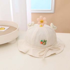 Baby 3D Flower & Heart Patched Pattern Ruffled Drawstring Bowl Hats (Color: Beige, Size/Age: Average Size (6-20M))