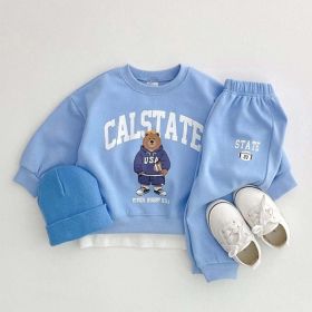 Baby Bear Letters Pattern Hoodies Combo Trousers Casual Cute Sets (Color: Blue, Size/Age: 110 (3-5Y))