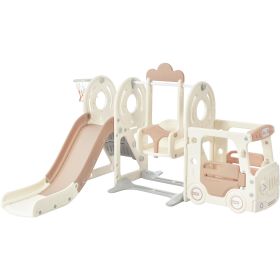 Kids Swing-N-Slide with Bus Play Structure; Freestanding Bus Toy with Slide&Swing for Toddlers; Bus Slide Set with Basketball Hoop (Color: Beige)