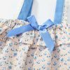 Baby Girl Floral Graphic Bow Tie Patched Design Lace Sling Tops Combo Solid Blue Shorts Sets